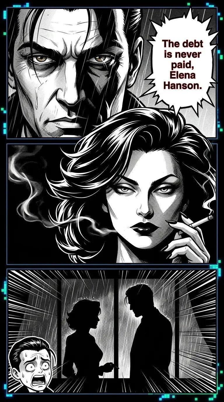 Black and white manga-style comic panel showing tense confrontation between characters with dialogue about unpaid debt