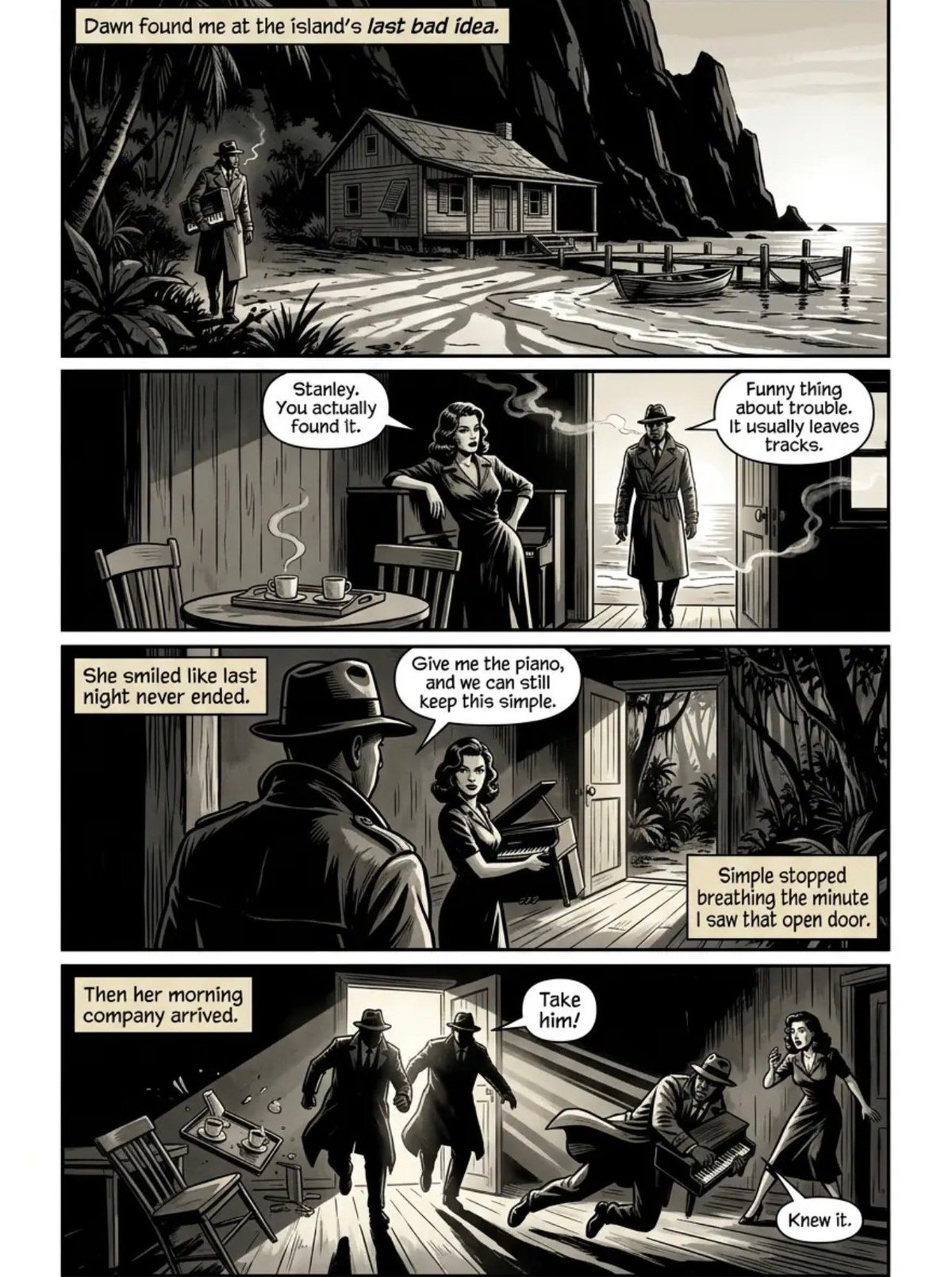 Black and white comic strip showing a mysterious island house encounter between characters, featuring dialogue about finding someone and their sudden disappearance.