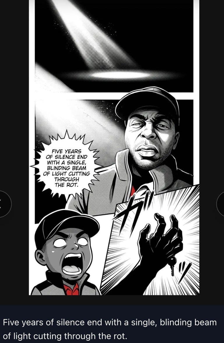 Black and white manga panel showing an adult and child reacting to dramatic beams of light from above, with dialogue about breaking silence