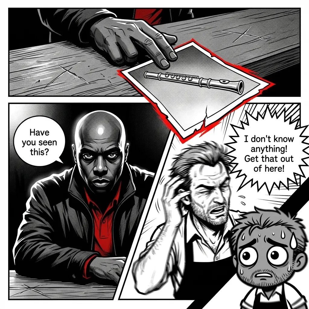 Black and white comic panel showing a man pointing at a syringe on paper while questioning two nervous-looking men about it