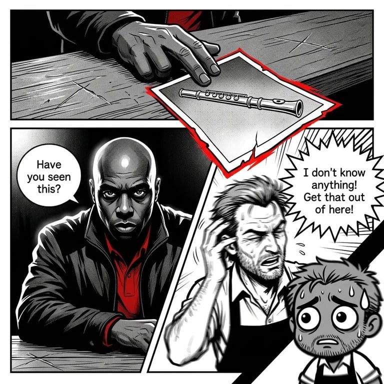 Black and white comic panel showing a man pointing at a syringe on paper while questioning two nervous-looking men about it