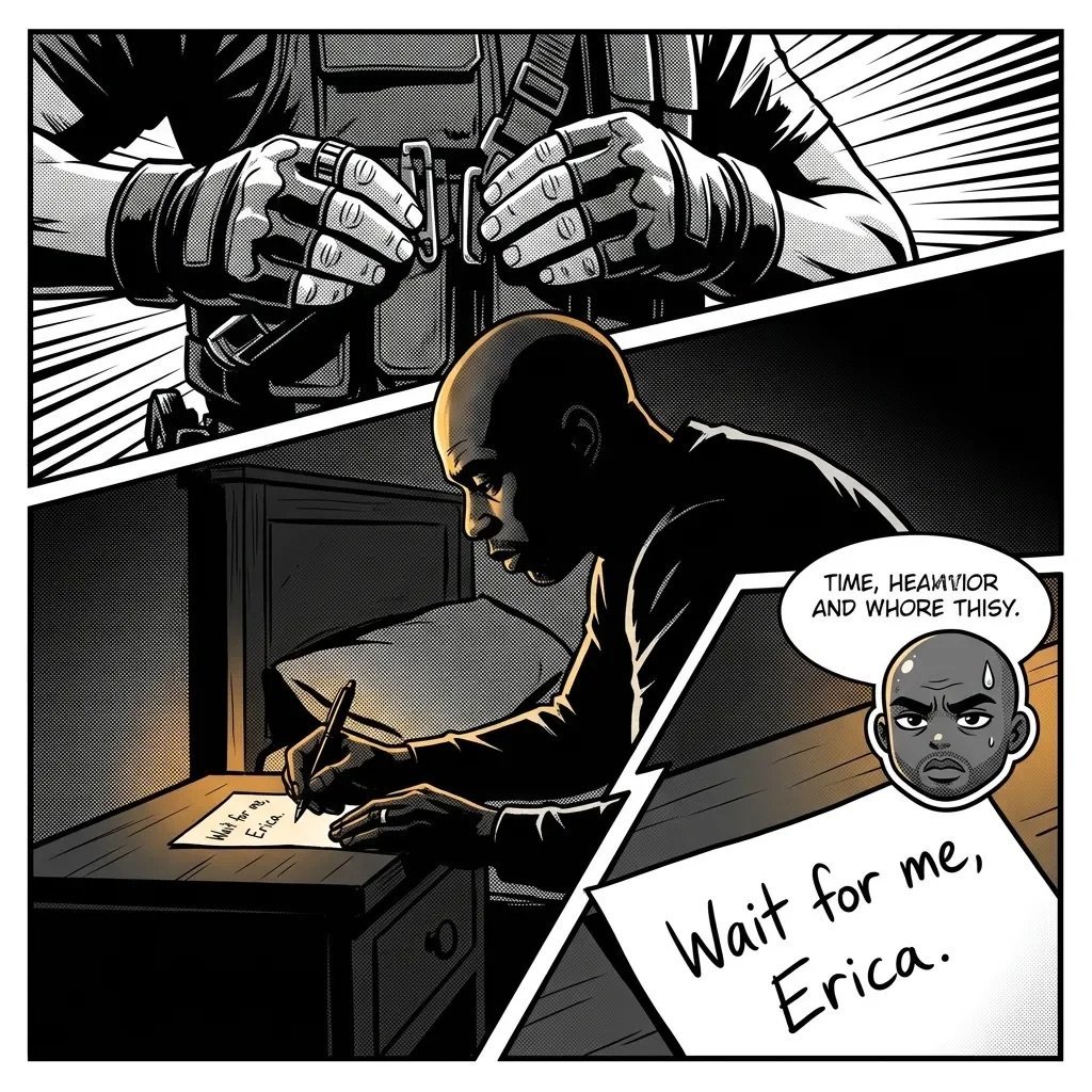 Comic panel showing a bald man writing at a desk with dialogue bubble saying Wait for me, Erica, and a close-up of gloved hands above