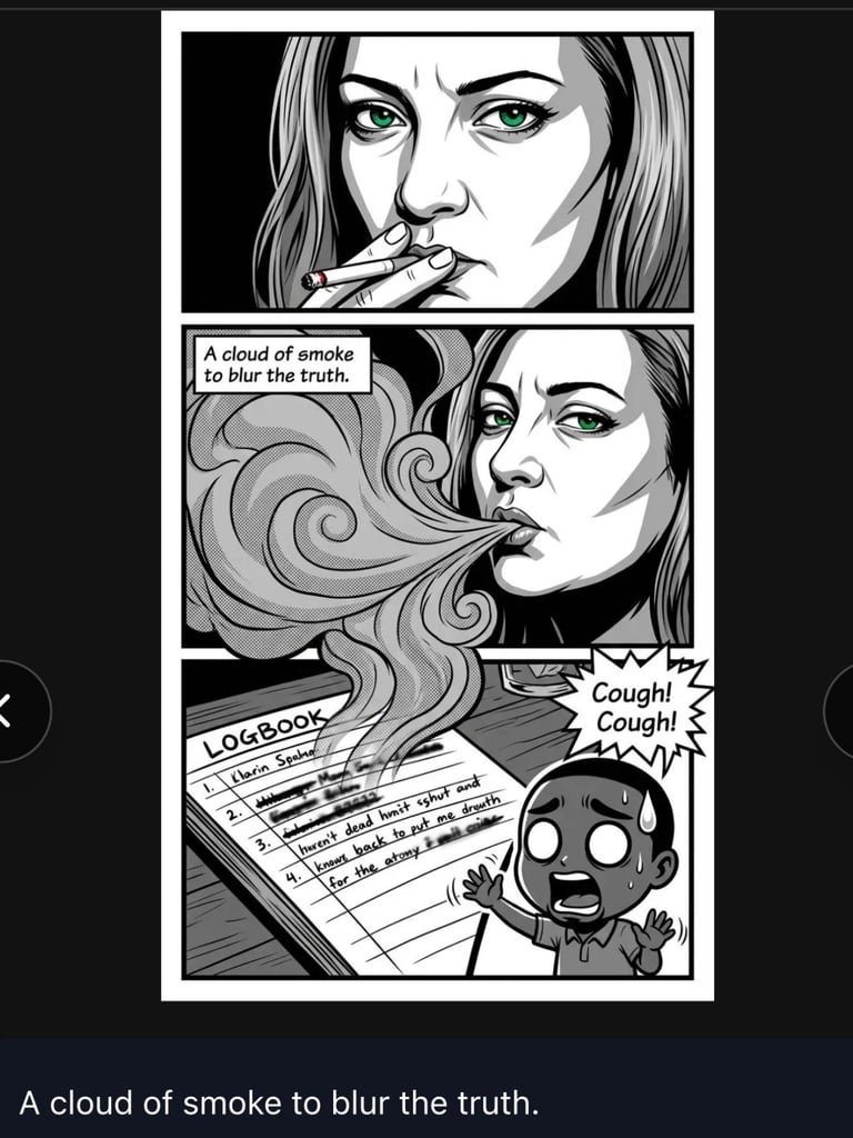 Three-panel black and white comic showing woman smoking a cigarette, exhaling large smoke clouds over a logbook, with small figure coughing below
