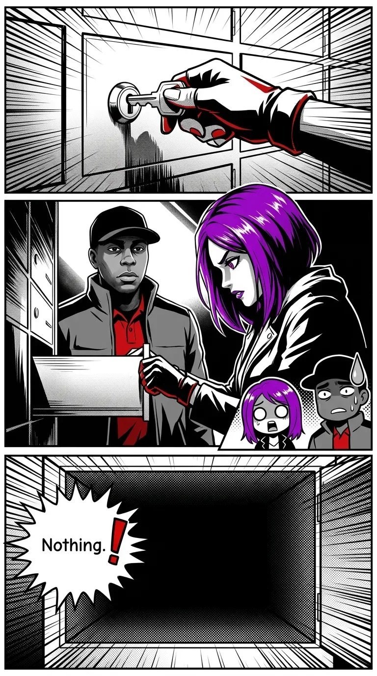 Comic strip showing a hand unlocking a door, then three figures looking at a laptop, followed by an empty room with Nothing! text