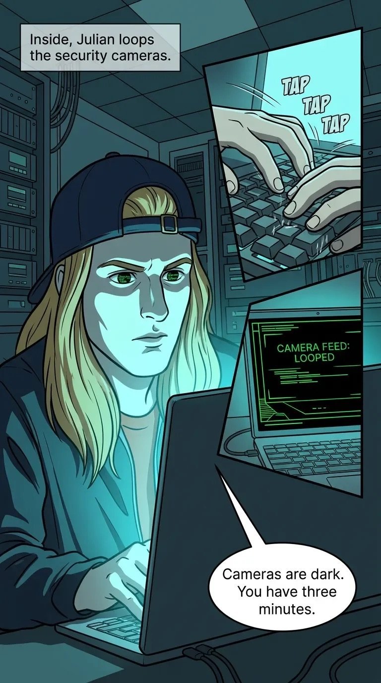 Comic panel showing a character hacking security cameras on a laptop in a control room while typing on a keyboard. Display reads CAMERA FEED: LOOPED
