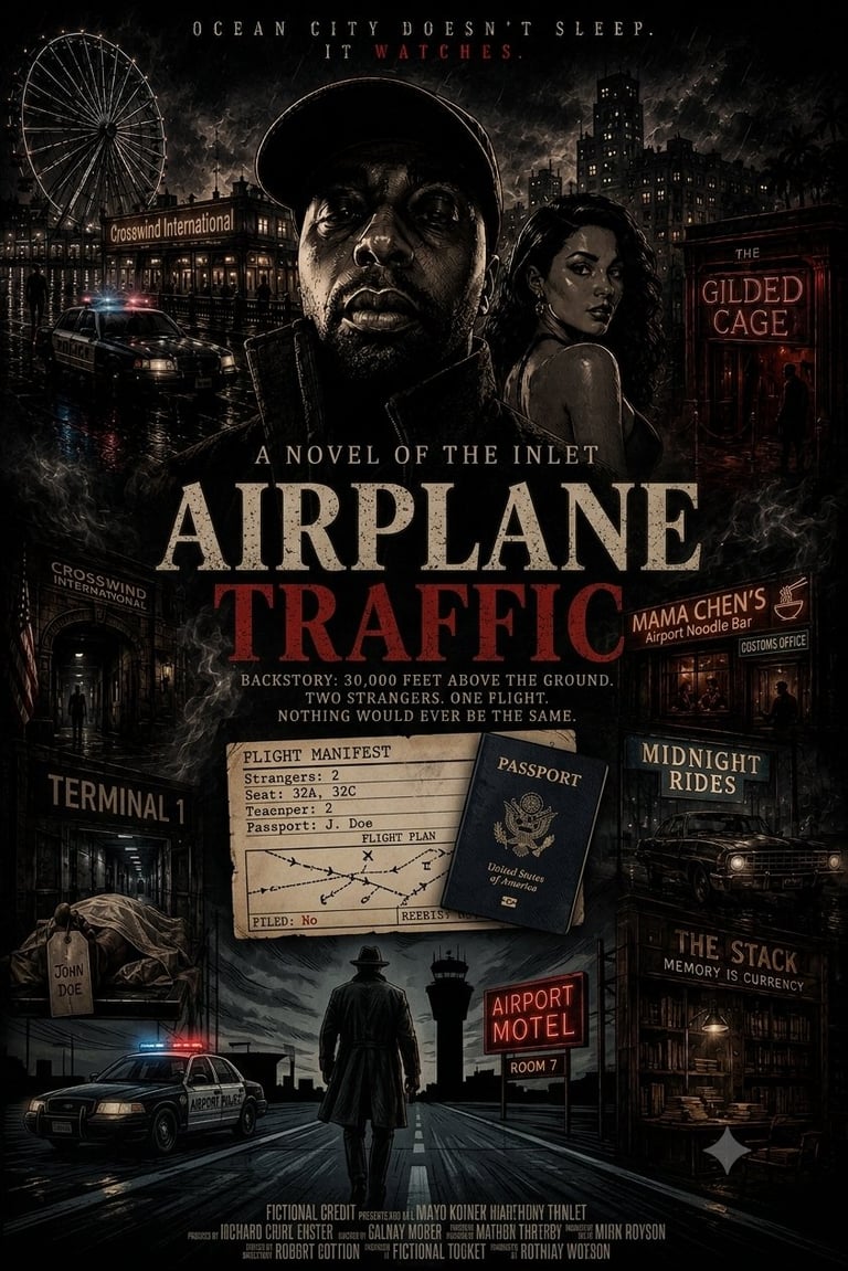 Movie poster for Airplane Traffic showing two mens faces, Coney Island skyline, police car, and noir-style city backdrop with text.