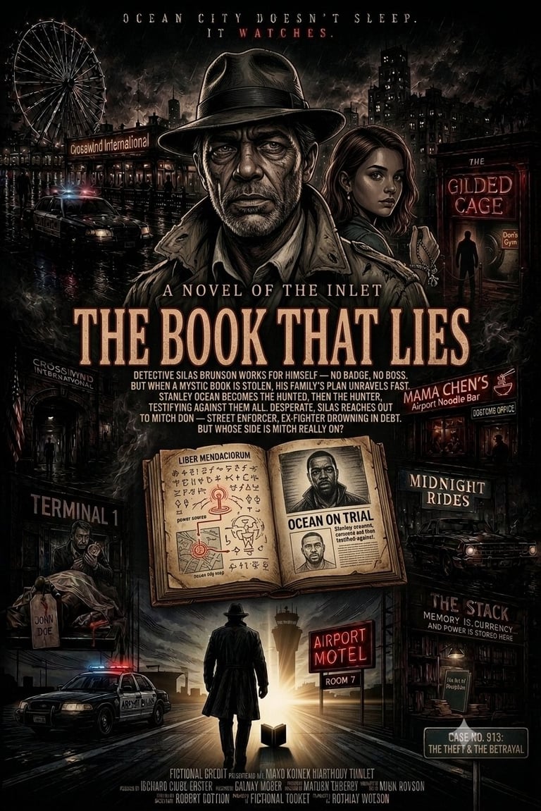 Movie poster for The Book That Lies featuring a noir detective in a fedora hat, mysterious woman, open ancient book, and Ocean City boardwalk setting at night
