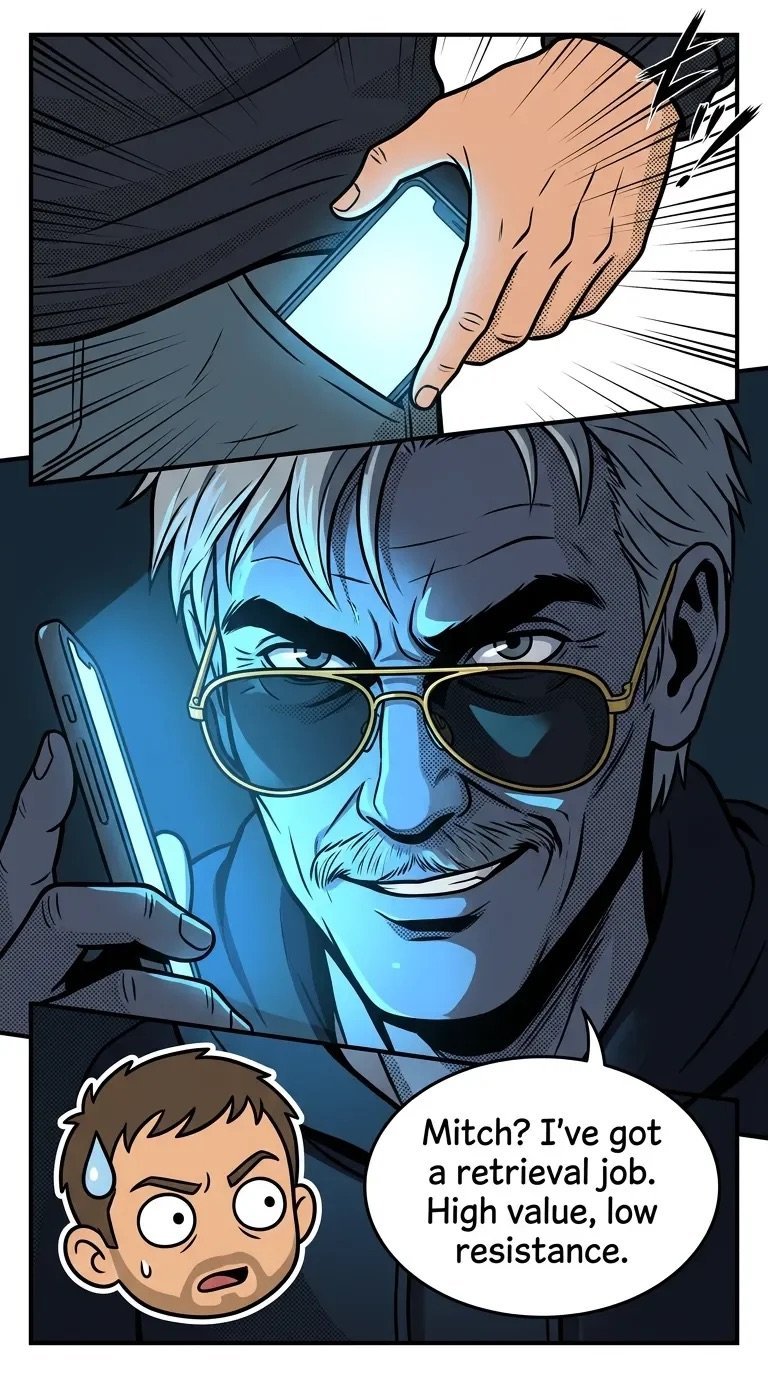 Comic panel showing a man with glasses receiving a glowing device from someones hand above, with a young boys concerned face below and dialogue about a retrieval job.