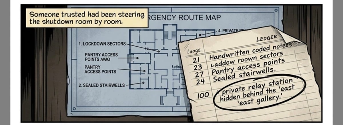 Emergency route map showing building layout with labeled sectors, access points, and relay station locations marked with handwritten notes