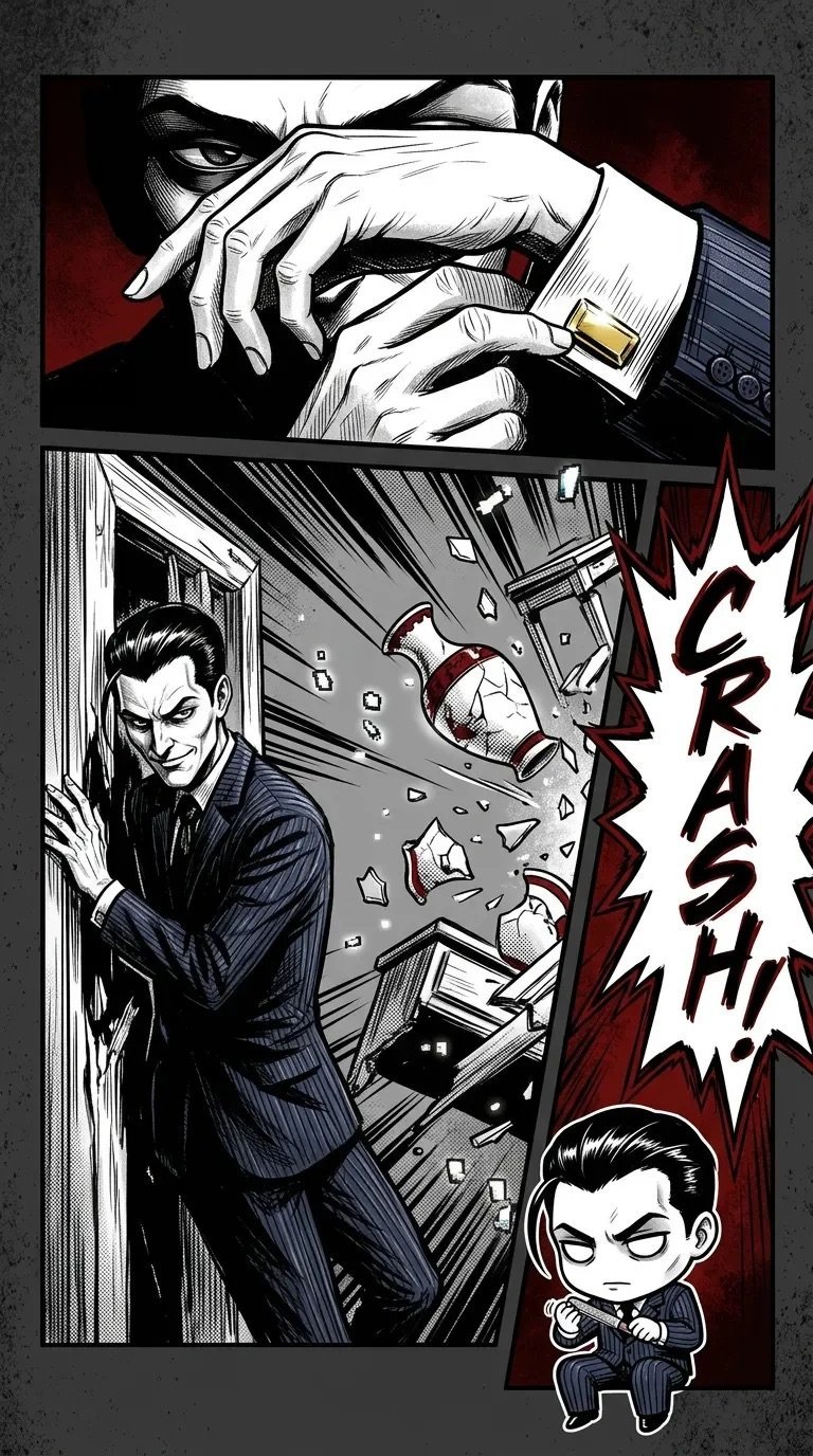 Manga-style comic panels showing a man in a suit crushing something with his hand, with action effects and a small chibi character
