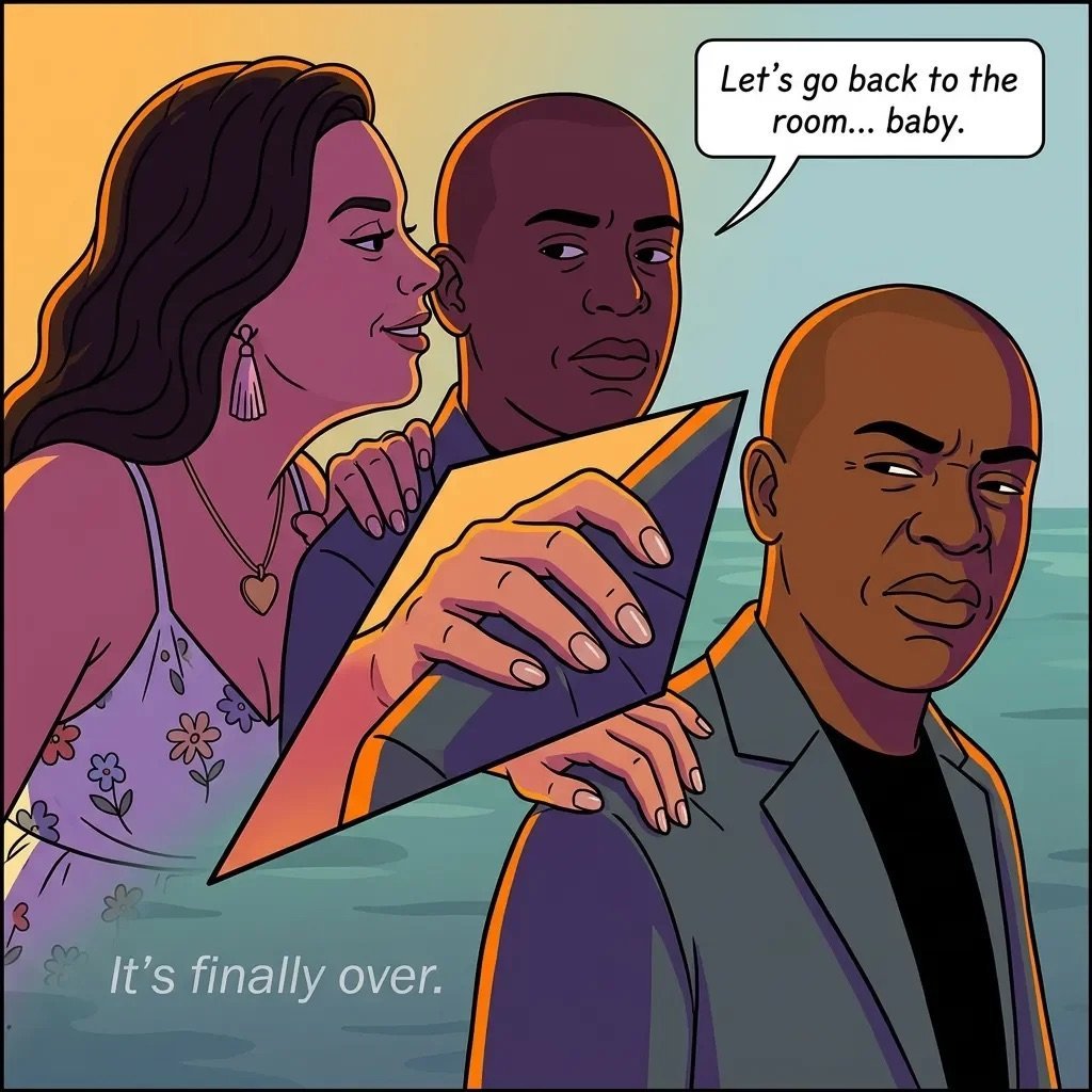 Illustration of three people: a couple embracing with speech bubble saying Lets go back to the room... baby and a third person looking frustrated with text Its finally over