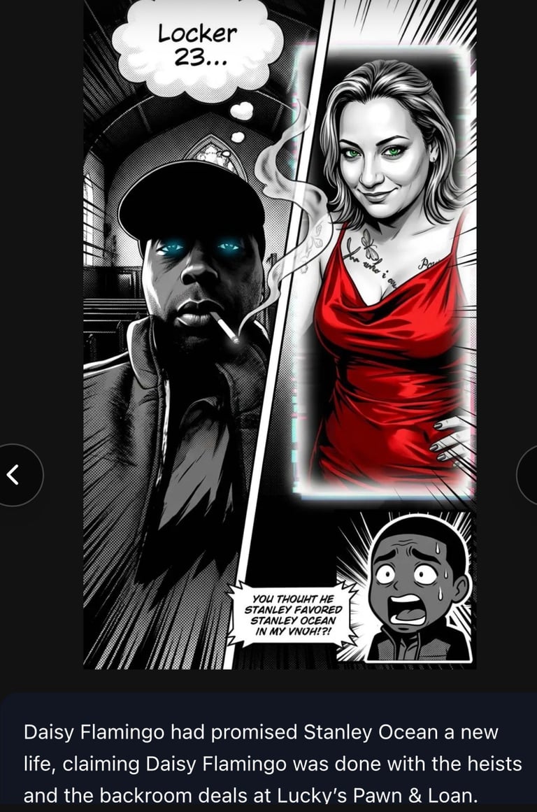 Black and white comic panel showing a man in a cap at a locker and a woman in a red dress, with dialogue bubbles