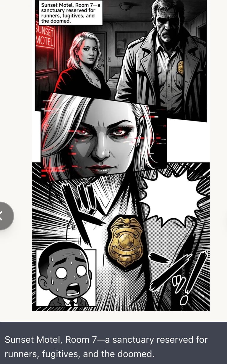 Stylized noir illustration of Sunset Motel Room 7 featuring a woman, detective with badge, and dramatic red neon signage