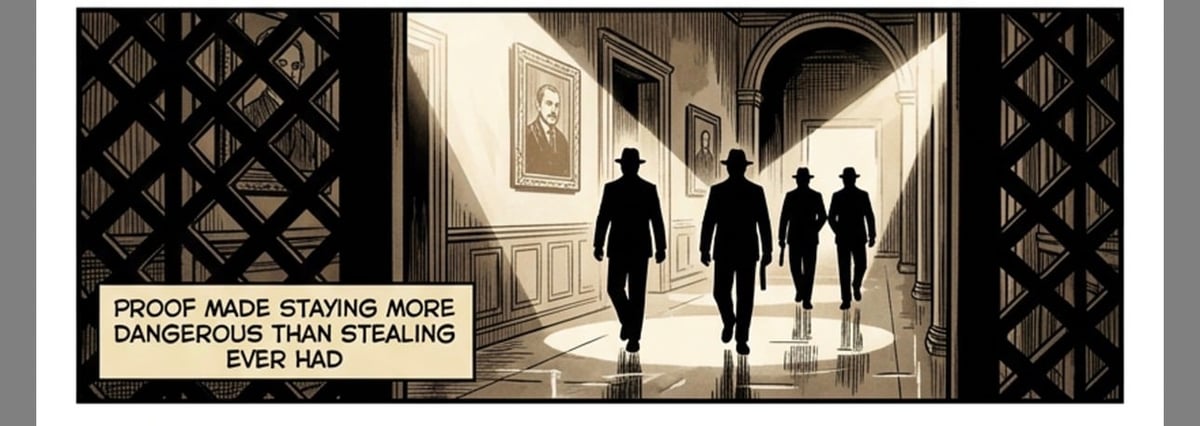 Silhouetted figures walking through a modern corridor with text stating Proof made staying more dangerous than stealing ever had