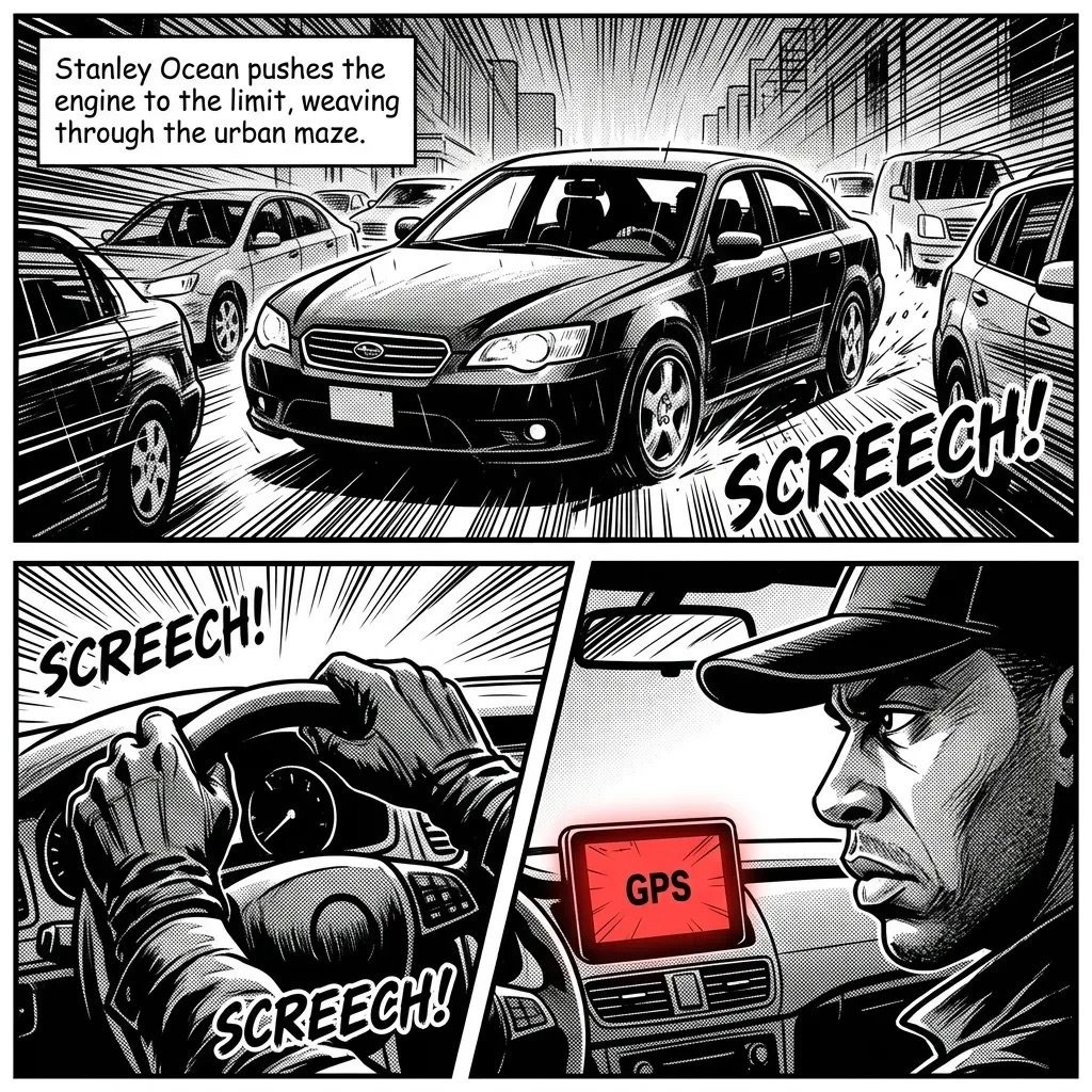 Comic panel showing Stanley Ocean driving a dark car through an urban maze, with tires screeching and a GPS device visible on the dashboard.