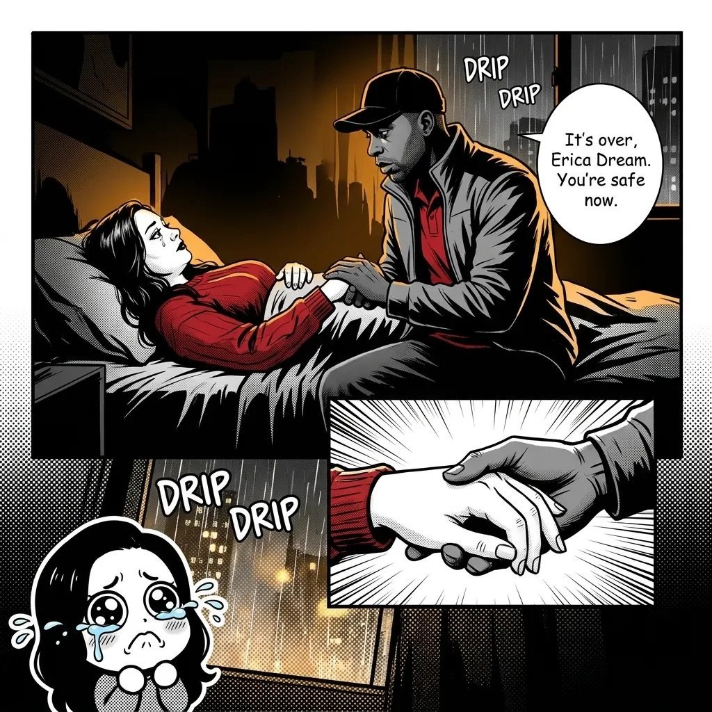 Comic panel showing a man comforting a distressed woman in bed during rain, with emotional character reactions depicted in smaller panels