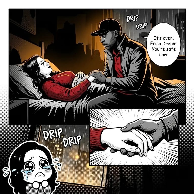 Comic panel showing a man comforting a distressed woman in bed during rain, with emotional character reactions depicted in smaller panels