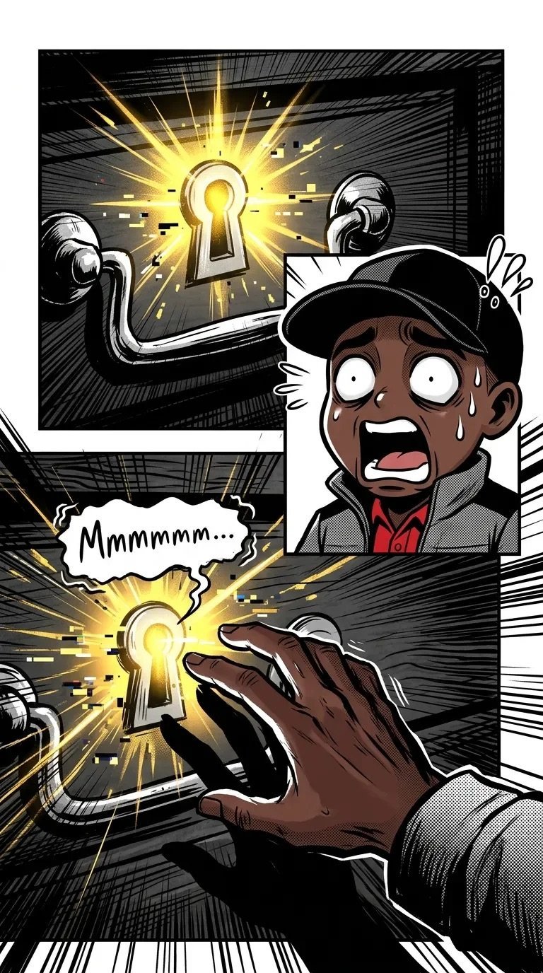 Comic panel showing man with wide eyes and open mouth discovering glowing keyholes, expressing surprise and wonder