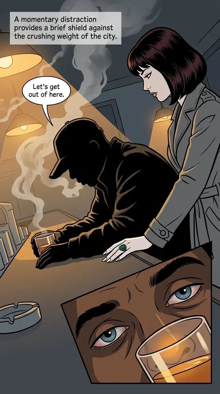 Comic panel showing two people in a smoky room with dialogue bubbles, and a close-up of a mans face with a whiskey glass below