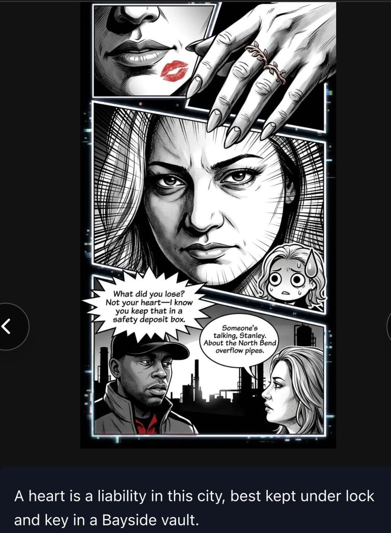 Black and white comic page with stylized faces and dialogue bubbles depicting urban noir scenes with dramatic expressions and conversations