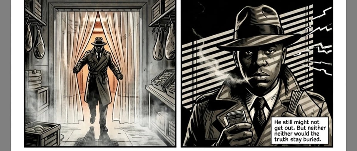 Film noir style diptych: left panel shows silhouetted figure in doorway; right panel depicts man in fedora and coat with dramatic lighting and text overlay