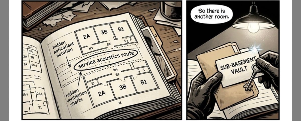 Comic panels showing architectural blueprints and floor plans on left, with a figure pointing to a sub-basement vault door on right