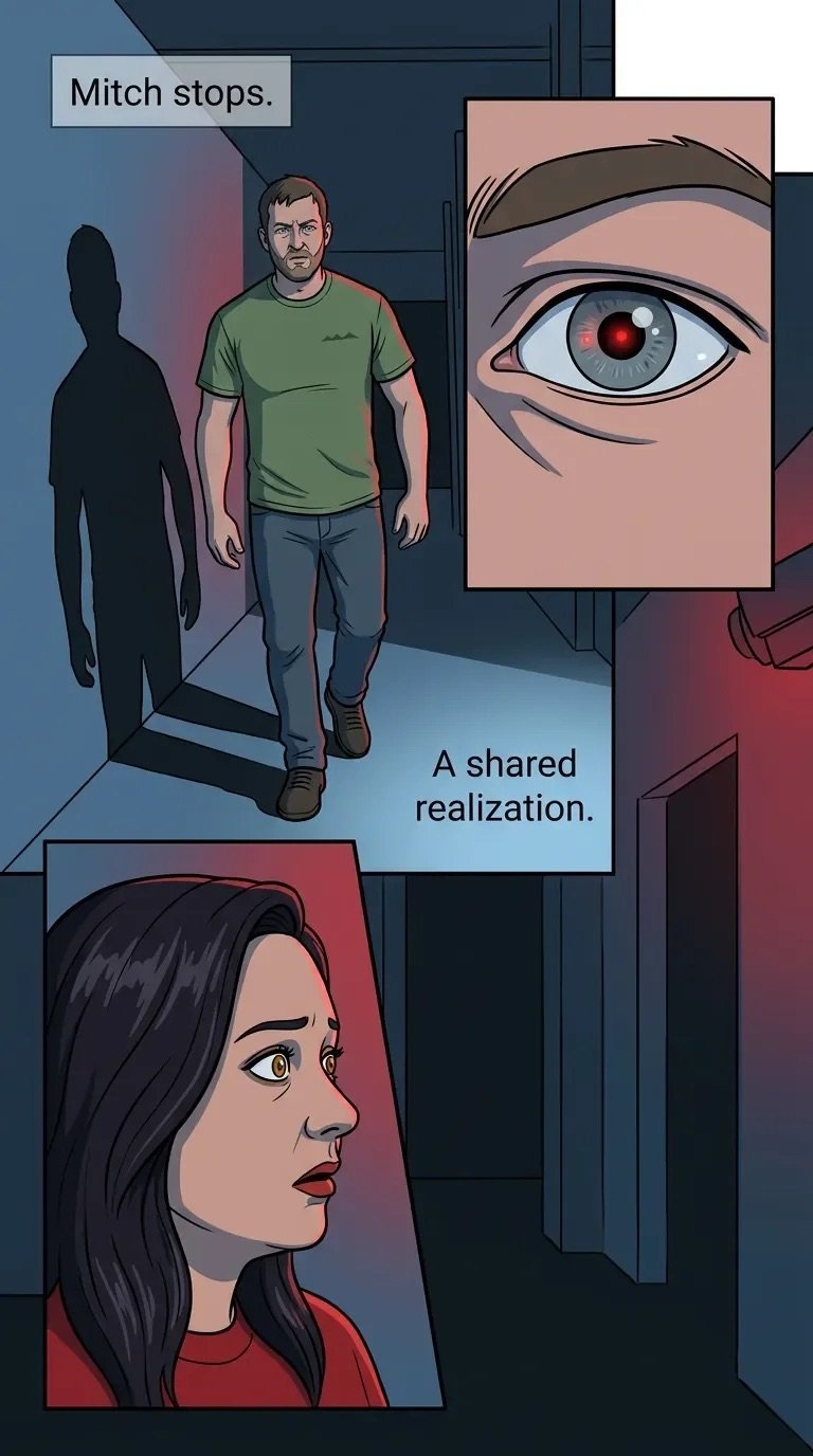 Comic panel showing a man with shadowed figure and woman with close-up eye detail, titled Mitch stops and A shared realization