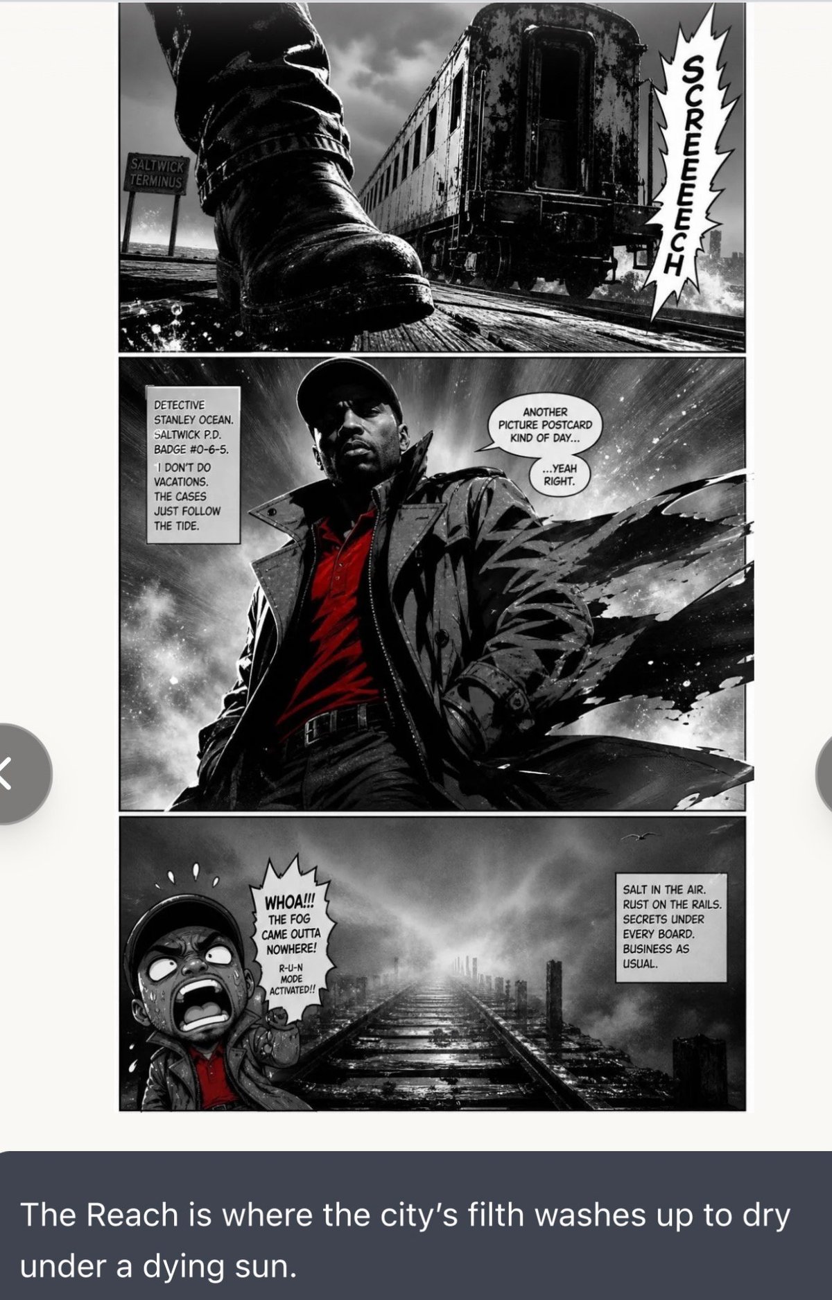 Black and white comic book page showing a man in a red shirt and dark jacket near abandoned train cars with text bubbles and dramatic panels