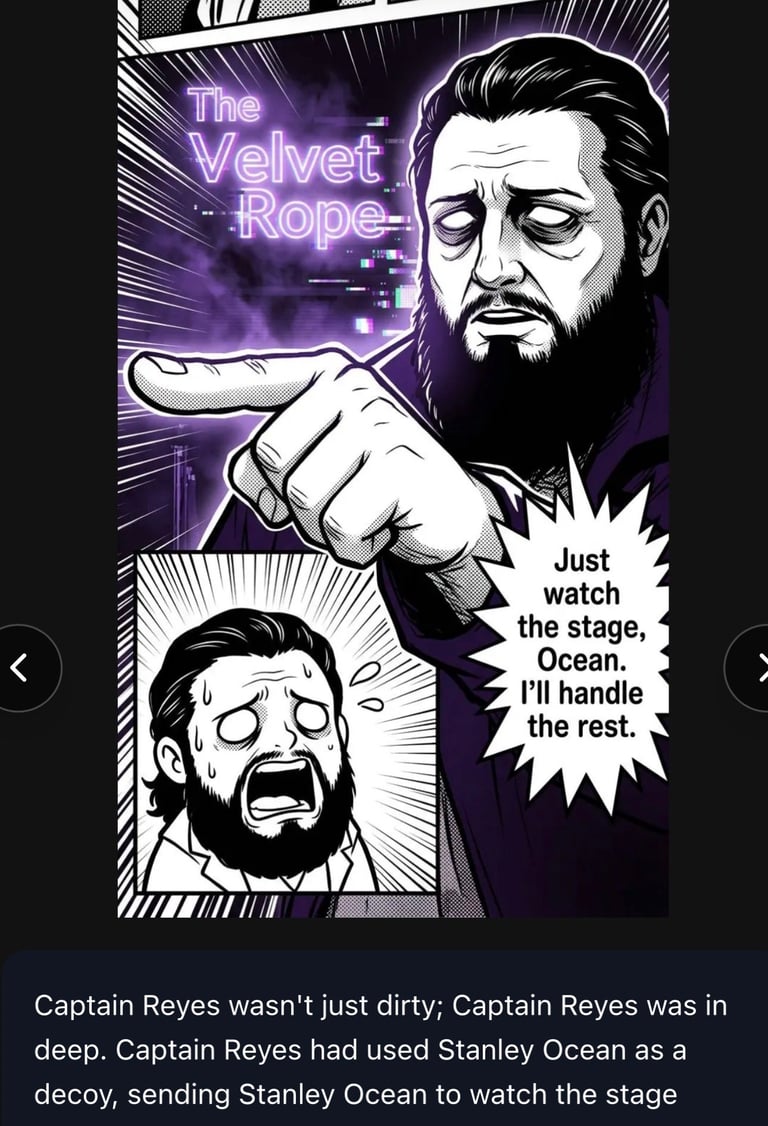 Manga-style comic panel showing bearded man pointing with text The Velvet Rope and quote about Captain Reyes and Oceans Eleven heist