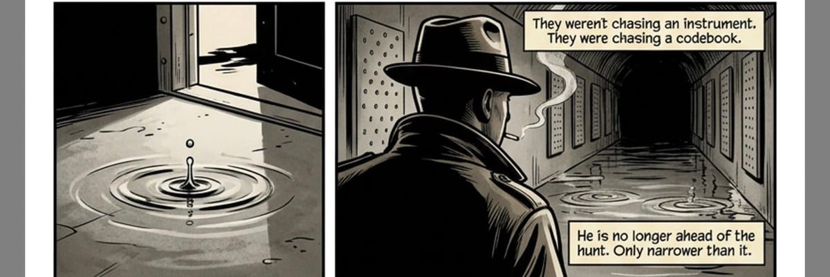 Comic panel showing a man in a fedora and coat in a narrow hallway with dialogue about chasing someone on an instrument that plays a notebook