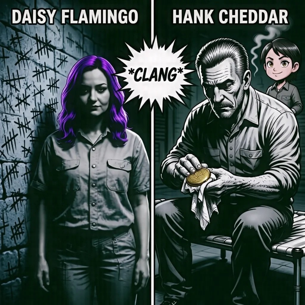 Comic-style meme comparing Daisy Flamingo with purple hair to Hank Cheddar holding cheese, with CLANG sound effect between them
