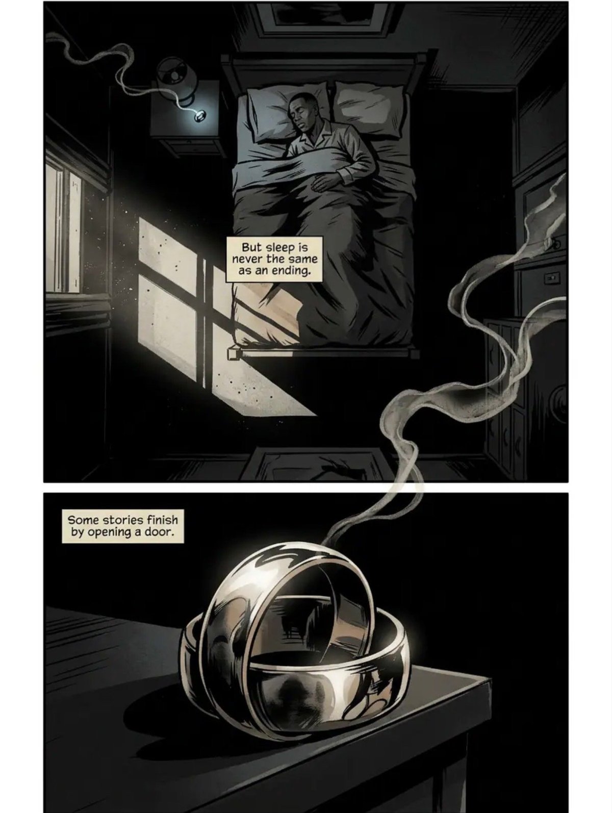 Black and white comic panels: man sleeping in bed above, mysterious glowing sphere below with flowing wisps of light
