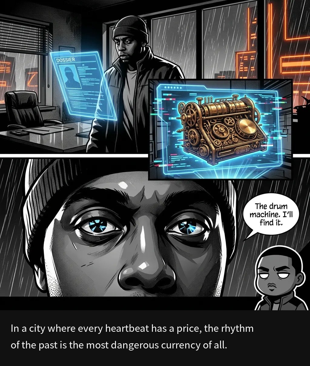 Noir-style comic panel showing a man in headphones viewing holographic displays of a steampunk device, with close-up of determined face below and text about a city where heartbeats have currency