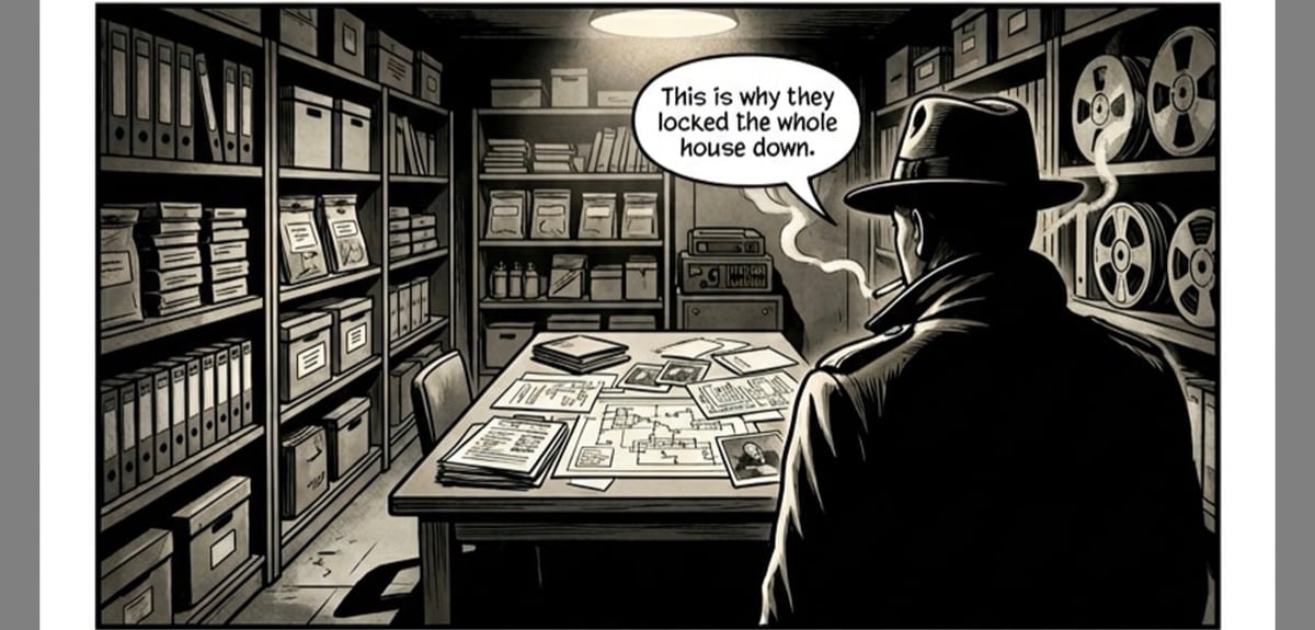 Film noir style illustration of a man in a fedora examining blueprints in a cluttered archive room with shelves of film reels and documents.