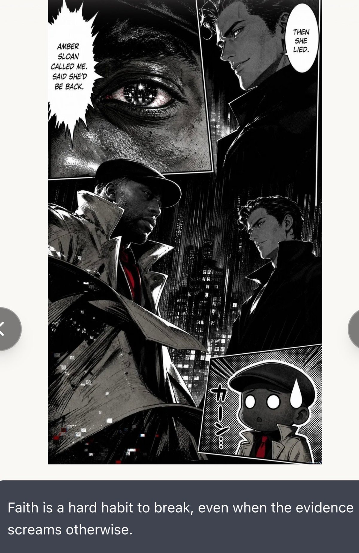 Black and white manga panel showing dramatic scenes with characters in suits against a city skyline, featuring dialogue and close-up of an eye