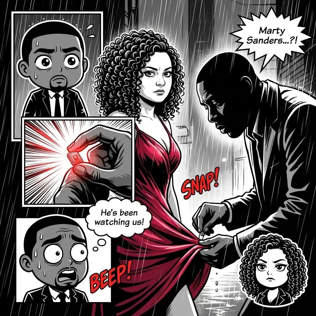 Black and white comic-style illustration showing a woman in a red dress confronted by suited men, with speech bubbles and action effects