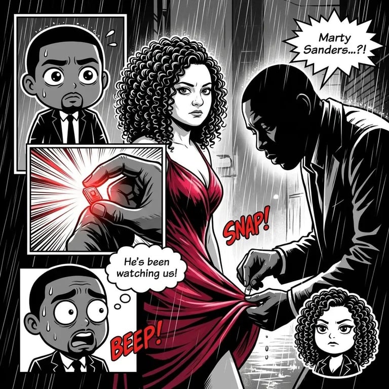 Black and white comic-style illustration showing a woman in a red dress confronted by suited men, with speech bubbles and action effects