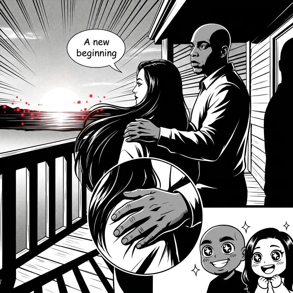 Black and white manga-style illustration showing a couple holding a newborn baby with a speech bubble saying A new beginning
