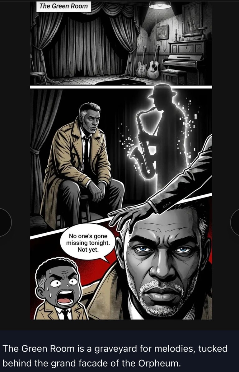 Black and white comic panel showing a man in a trench coat meeting with a glowing saxophone player in an ornate music room, with ominous dialogue below