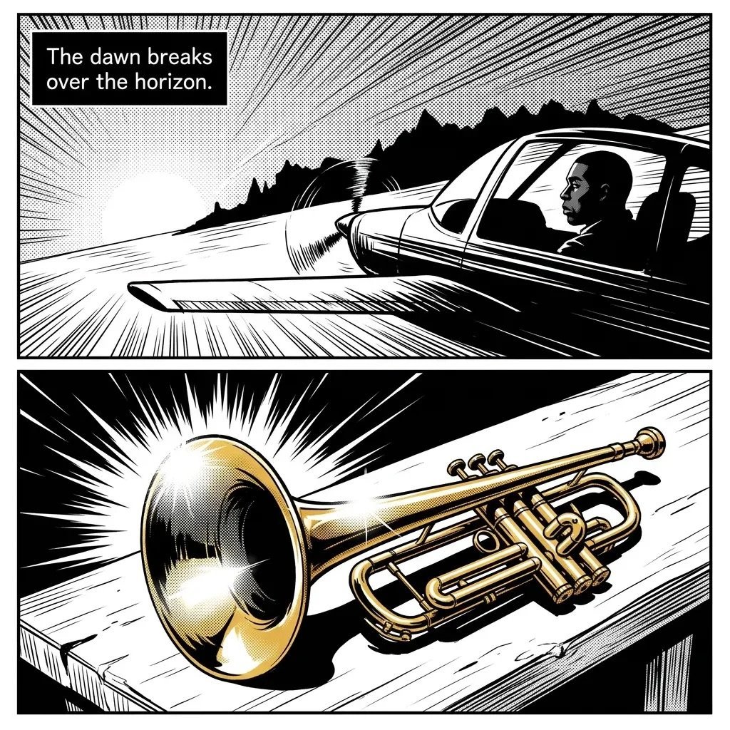Comic panel showing a car at dawn above a golden trumpet with radiating lines in black and white illustration style