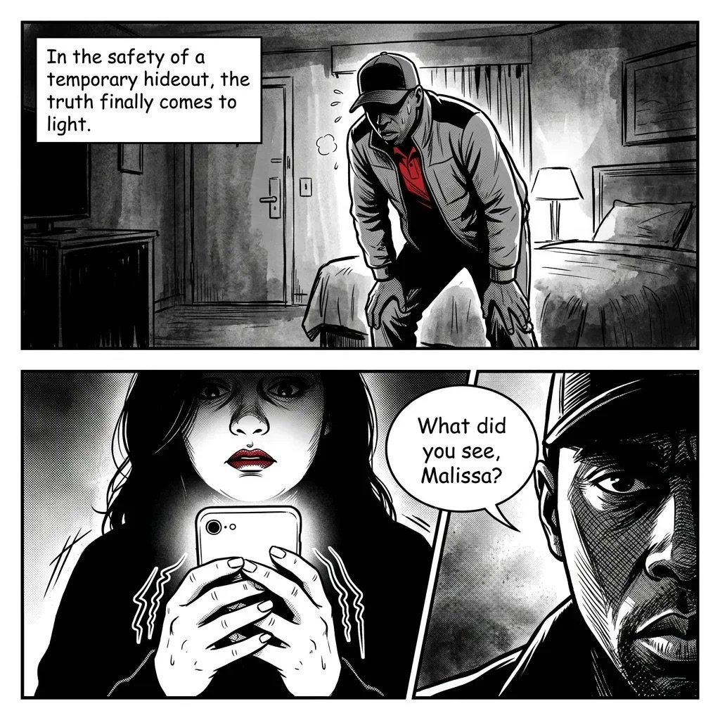 Black and white comic panel showing a man in a hideout and a woman holding a phone, with dialogue about truth coming to light