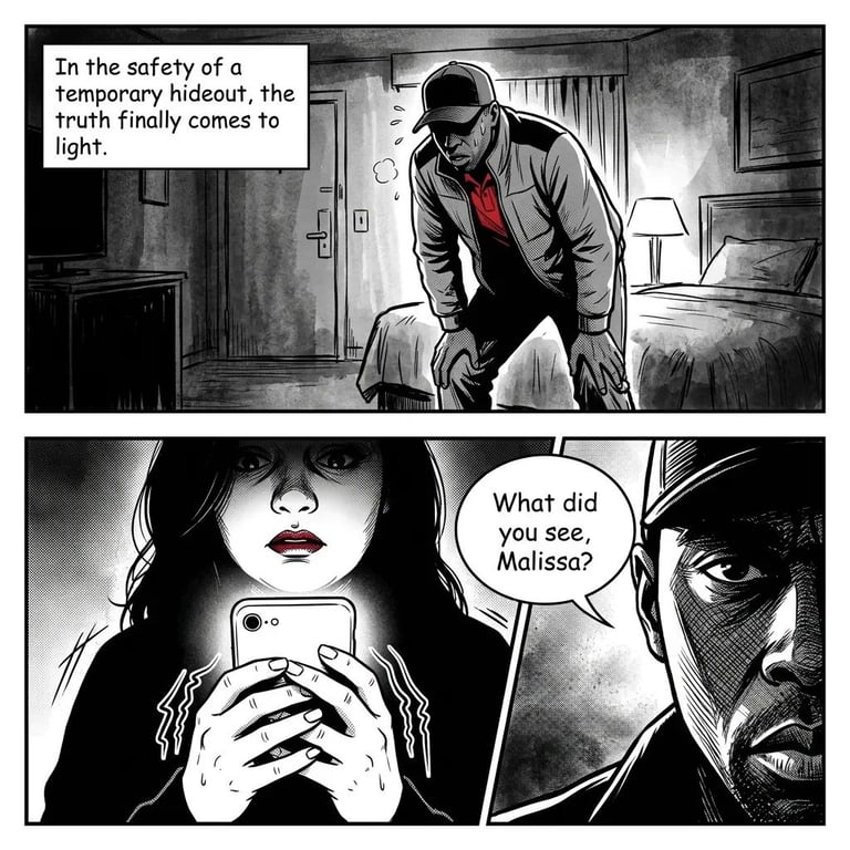 Black and white comic panel showing a man in a hideout and a woman holding a phone, with dialogue about truth coming to light