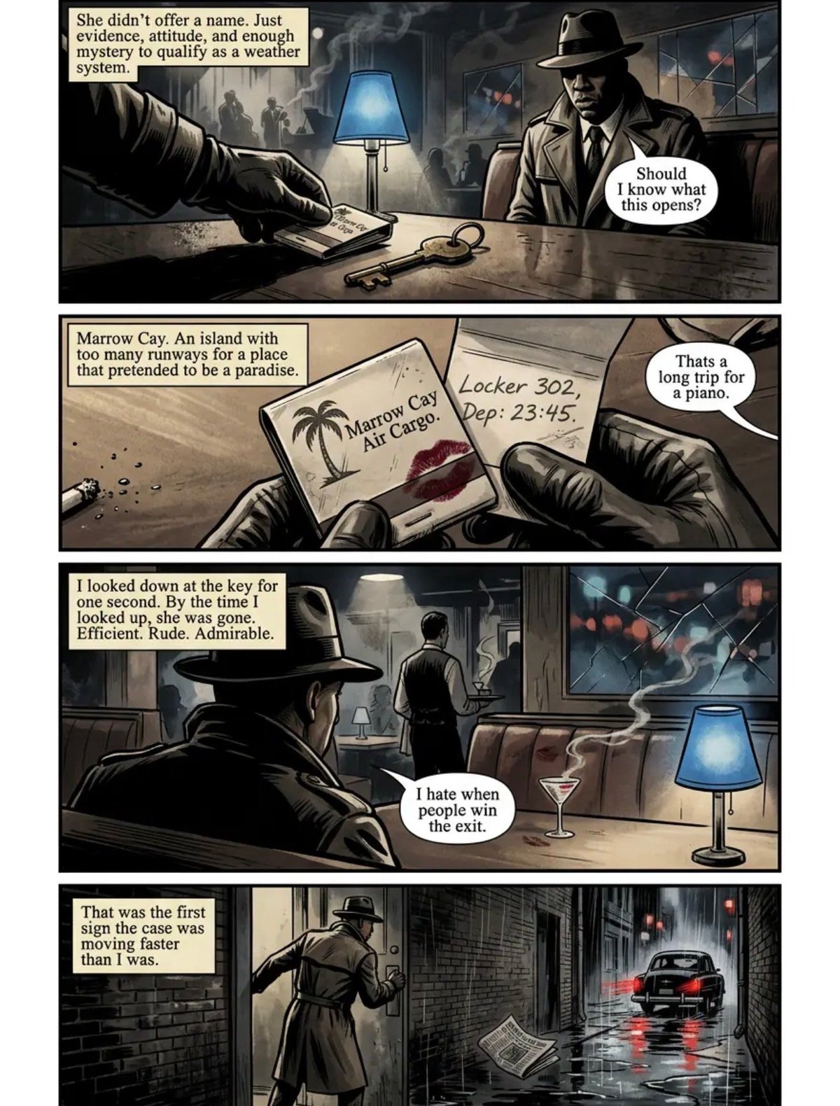 Film noir detective comic strip showing a man investigating a mysterious woman, with scenes of a tropical island brochure, a confrontation in an office, and a chase scene in the rain