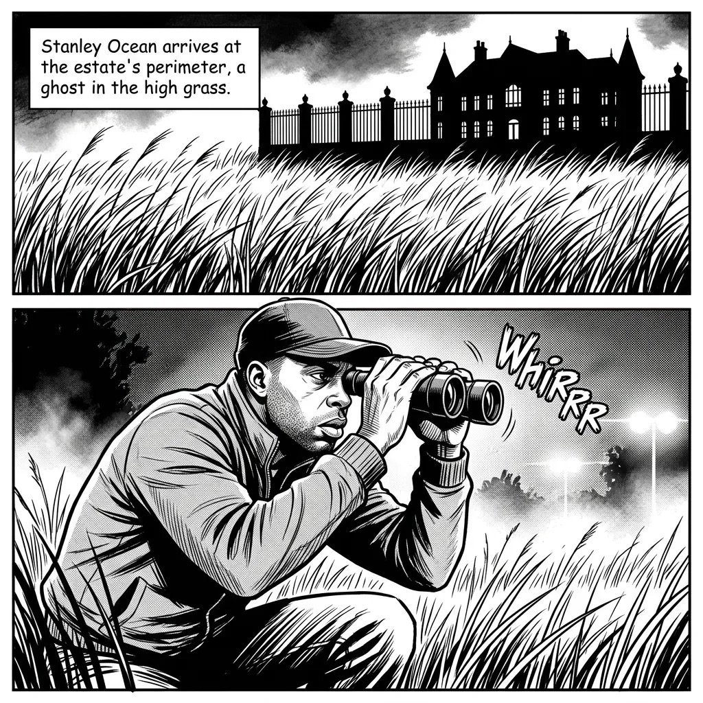Black and white comic panel showing a man with binoculars crouching in tall grass, observing a Gothic mansion in the distance