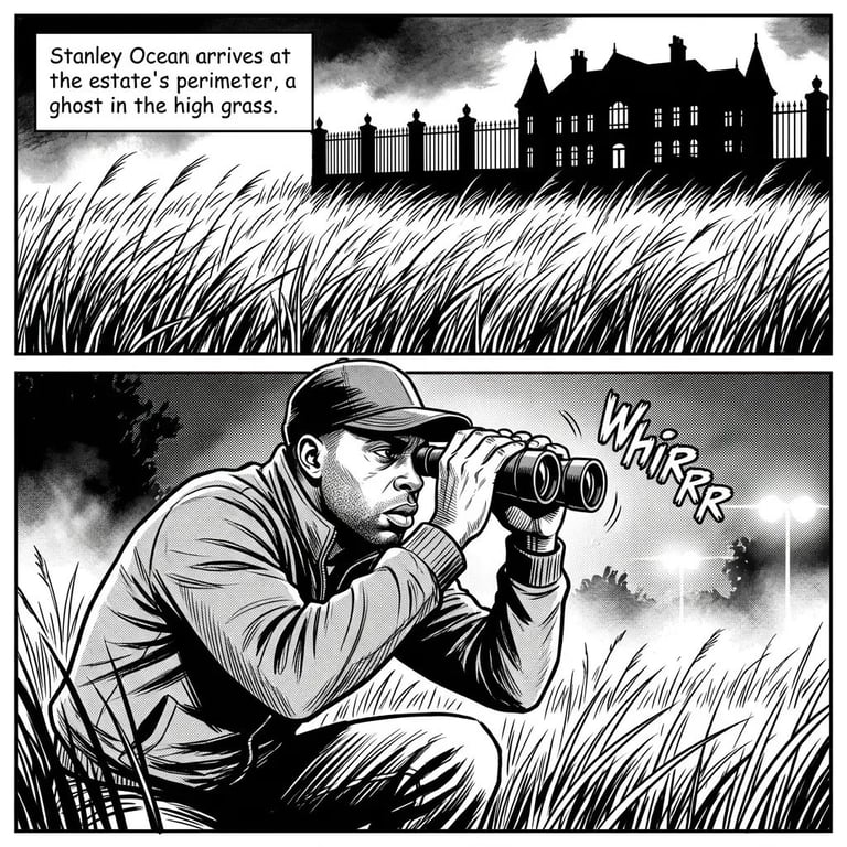 Black and white comic panel showing a man with binoculars crouching in tall grass, observing a Gothic mansion in the distance