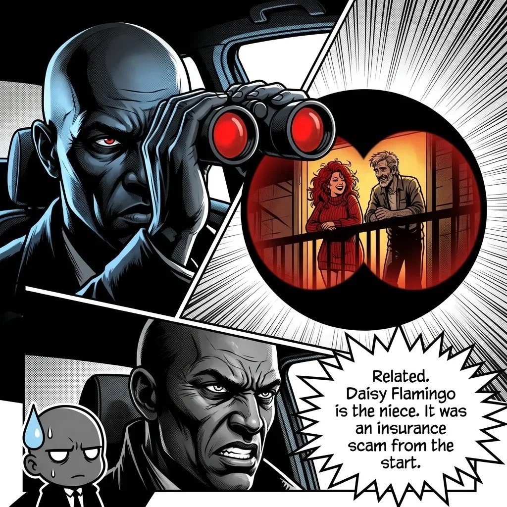 Comic book style illustration showing a bald villain character with binoculars viewing a couple on a balcony, with dialogue about an insurance scam