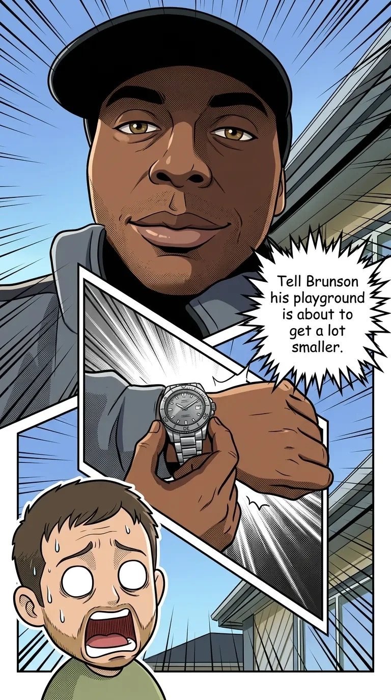 Comic illustration of a man in a black cap holding a watch, speaking to a frightened child about shrinking a playground