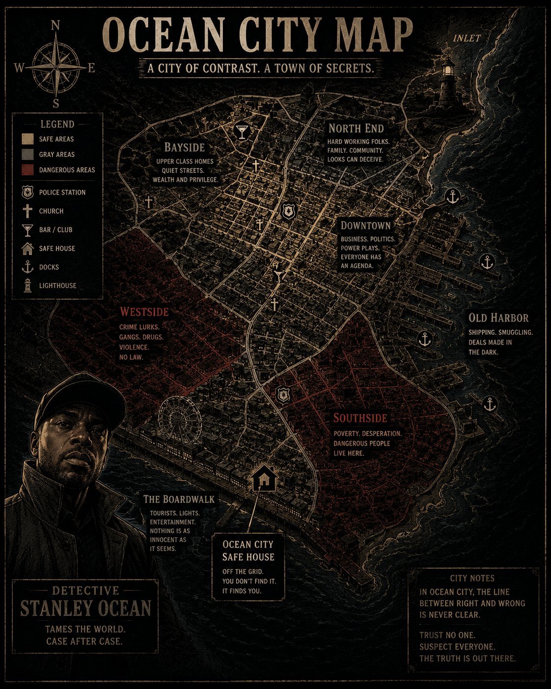 Detailed map of Ocean City showing districts, landmarks, and locations with Detective Stanley Ocean featured on the left side