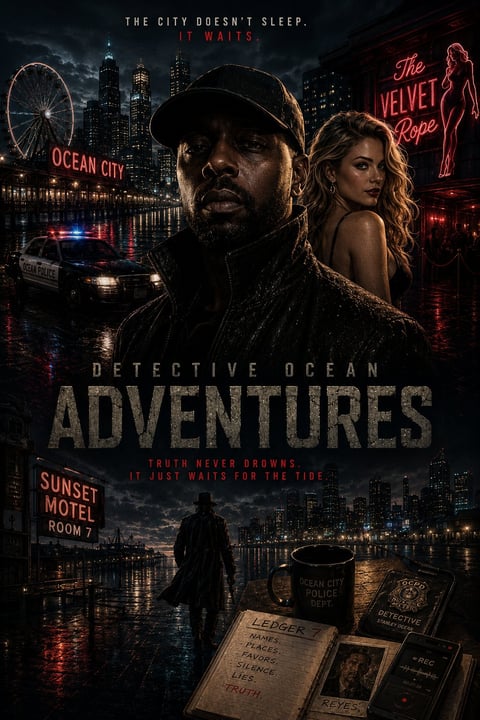Detective Ocean Adventures movie poster featuring a man and woman against a neon-lit nighttime city skyline with police car and motel sign