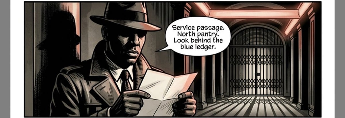 Film noir detective in fedora and suit holding a map, giving directions to a building entrance with metal bars